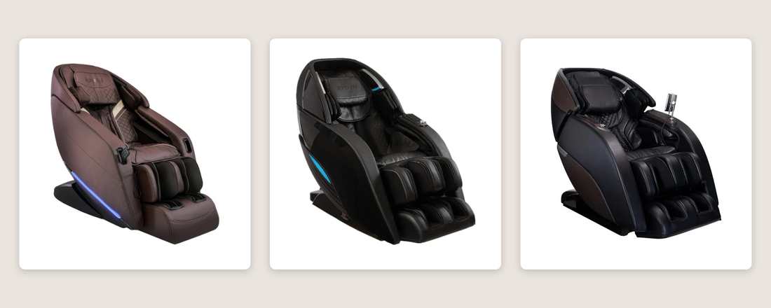 Kyota Yugana M780, Yutaka M898, and Nokori M980 massage chairs side by side